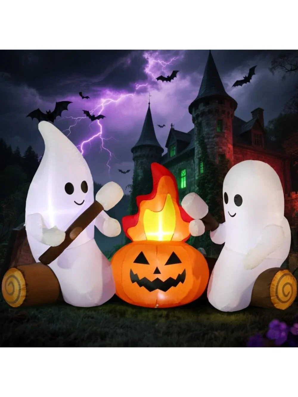 6FT Halloween Inflatable Ghosts with Campfire & LEDs - Fun Yard Décor for